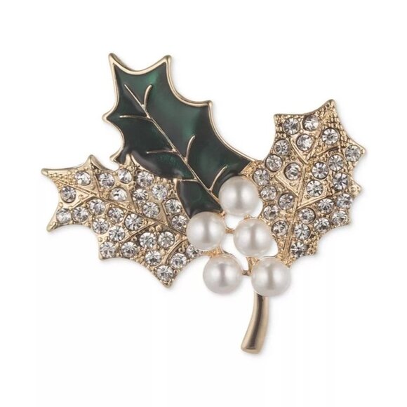 Anne Klein Pavé & Imitation Pearl Holly Branch Pin in Gold-Tone MSRP $28 NWT - Picture 1 of 5